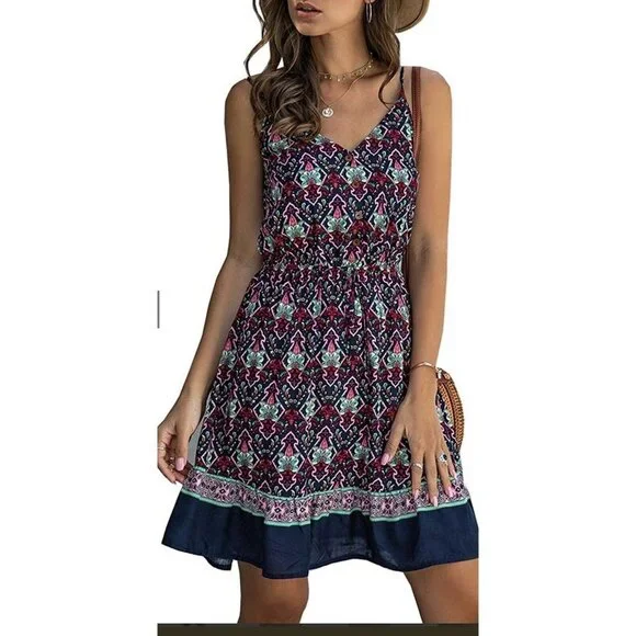 Summer Flower Printed V-Neck Sleeveless Ruffled Dress Buttons Size S - Picture 4 of 5